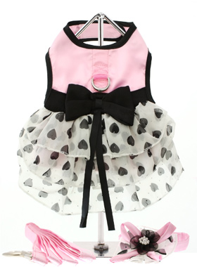 Pink Satin & Hearts Chiffon Harness Dress, Lead & Hat