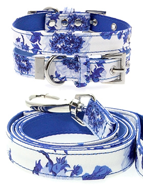 Blue Floral Bouquet Fabric Collar & Lead Set