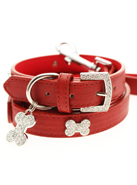 Red Leather Diamante Collar / Diamante Bone Charm & Lead Set