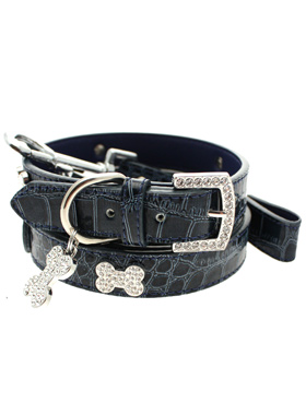 Blue Crocodile Leather Diamante Collar / Diamante Bone Charm & Lead Set